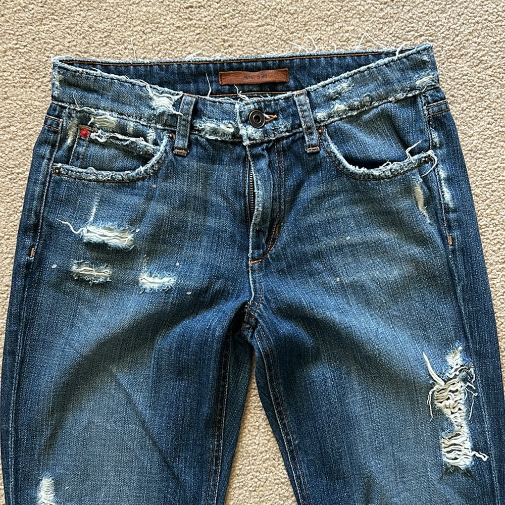 Joe’s dark denim, distressed jeans